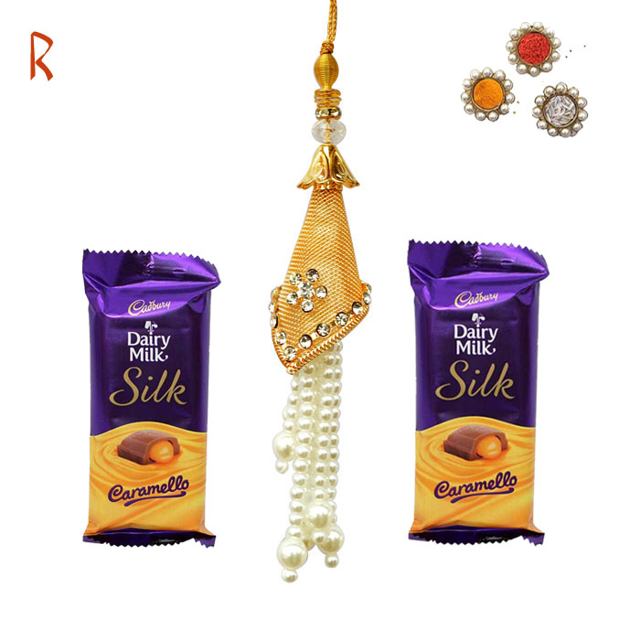 -Lumba Golden Rakhi with chocolates for Bhabhi- Rakhi Shop India,Send Rakhi online,send rakhi,online send rakhi,rakhi to india,send rakhi to india,rakhi shop india